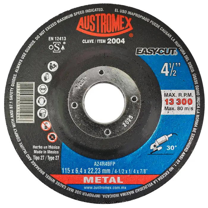 DISCO ABRASIVO T27 PARA DESBASTE DE METAL 4-1/2"x1/4"x7/8"