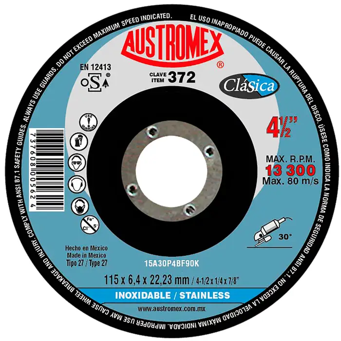 DISCO ABRASIVO T27 PARA DESBASTE DE ACERO INOXIDABLE 4-1/2" X 1/4" X7/8"