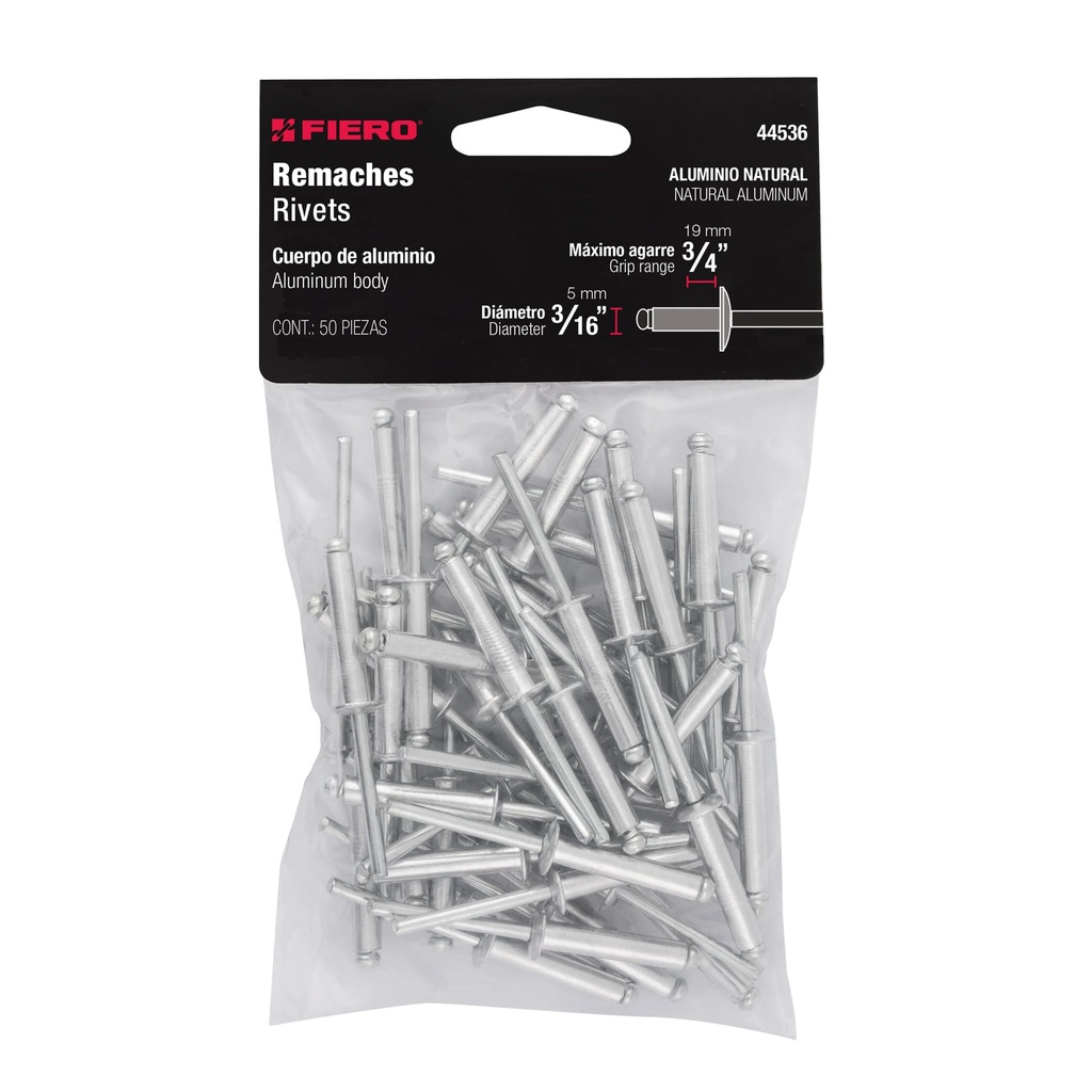 BOLSA CON 50 REMACHES 3/16" X 3/4" DE ALUMINIO, ALA 3/8"