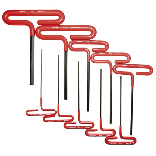 [095-06-38-208] Juego de llaves hexagonales tipo "T" con mango de vinil, en pulgadas, 10 piezas