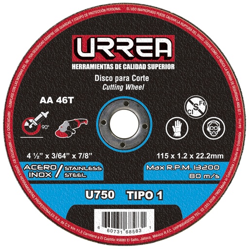 [095-01-03-018] Disco Abrasivo t/1 inox4-1/2x3/64"m/pes Urrea U750