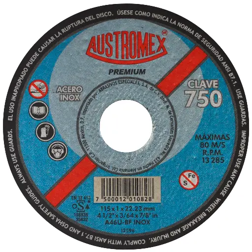 DISCO ABRASIVO PARA CORTE DE ACERO INOXIDABLE DE 115 X 1.0 X 22.23 MM